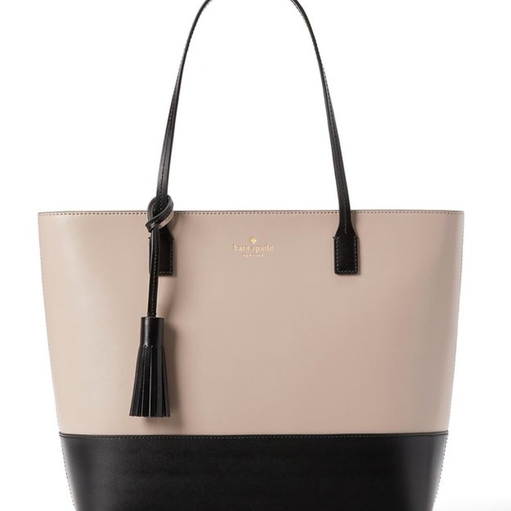 Kate Spade Wright Place Karla Two Tone Almondine & Black Leather Tote - Picture 4 of 9